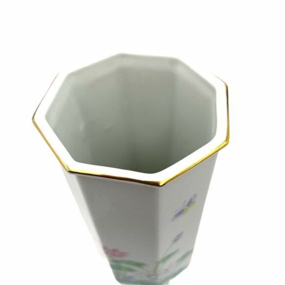 VTG Otagiri Japan "Lotus Garden" Octagonal Porcelain Vase Gold Rim 7 1/2” High - Picture 10 of 12